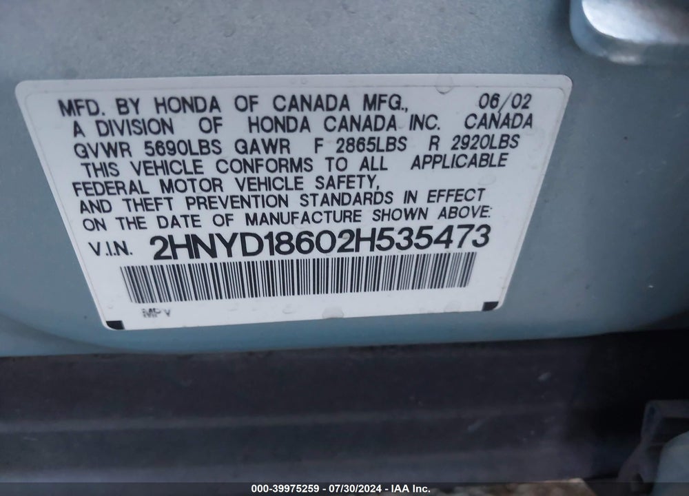 2002 ACURA MDX VIN: 2HNYD18602H535473