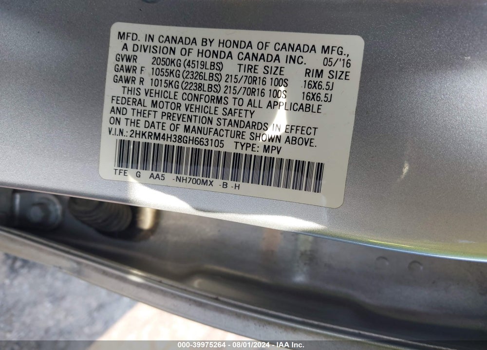 2016 HONDA CR-V LX VIN: 2HKRM4H38GH663105