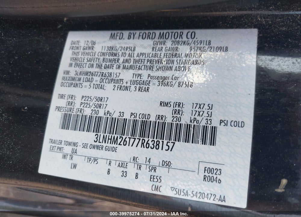2007 LINCOLN MKZ VIN: 3LNHM26T77R638157