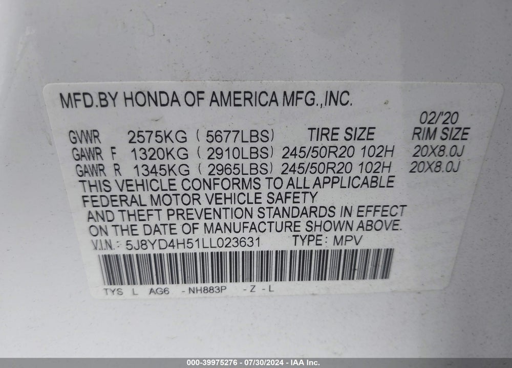 2020 ACURA MDX TECHNOLOGY PACKAGE VIN: 5J8YD4H51LL023631