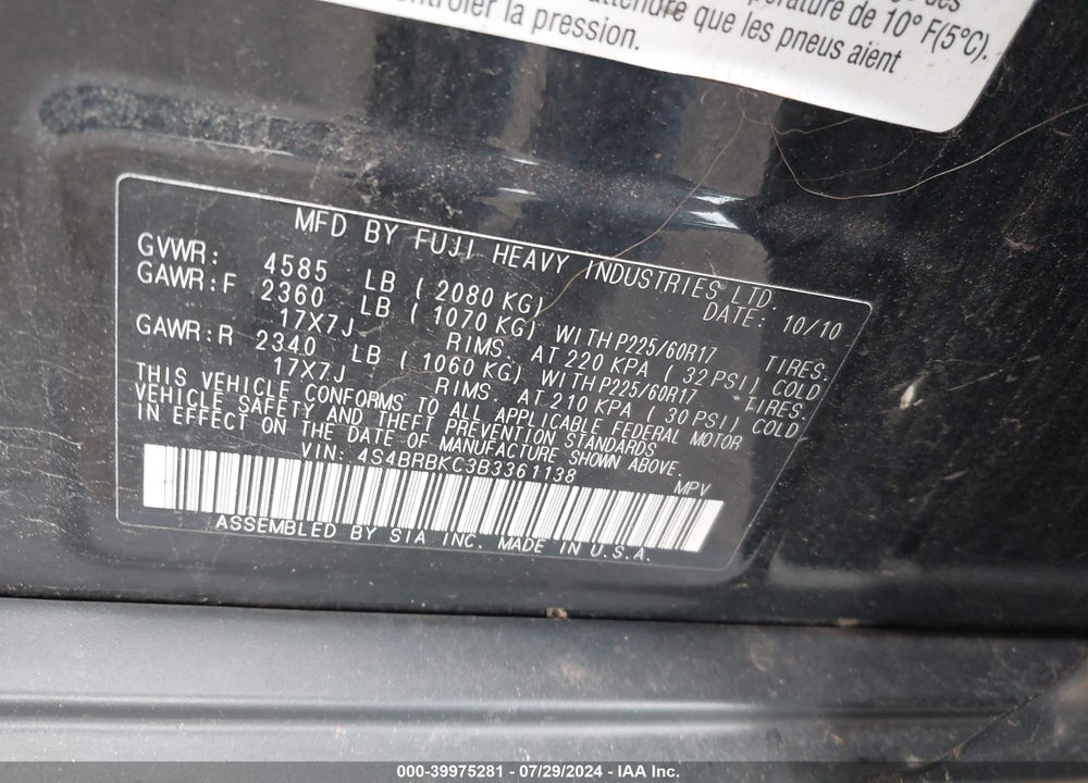 2011 SUBARU OUTBACK 2.5I LIMITED VIN: 4S4BRBKC3B3361138