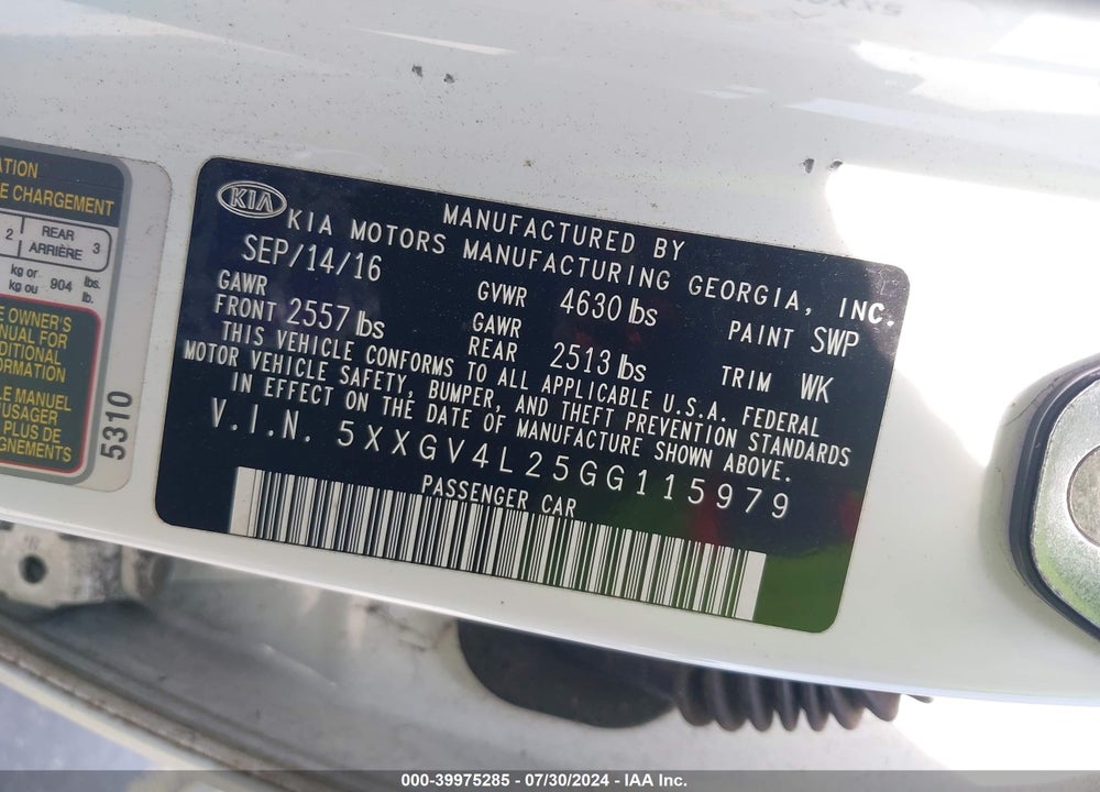 2016 KIA OPTIMA SXL TURBO VIN: 5XXGV4L25GG115979