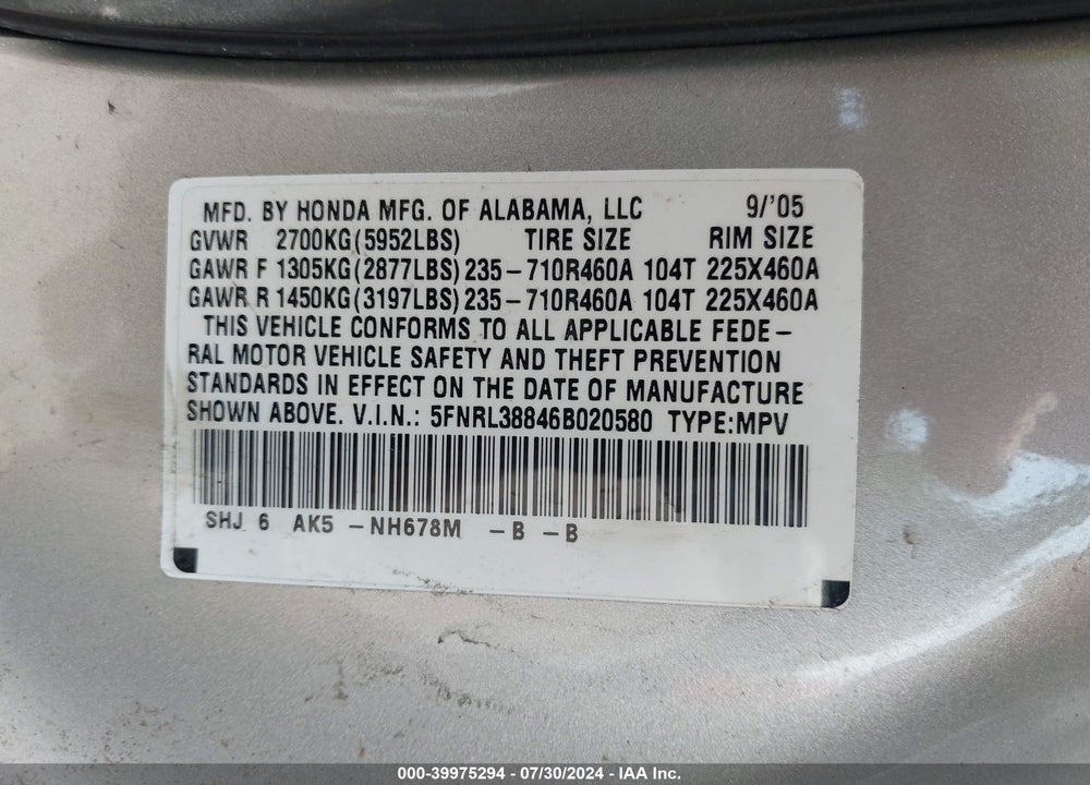 2006 HONDA ODYSSEY TOURING VIN: 5FNRL38846B020580