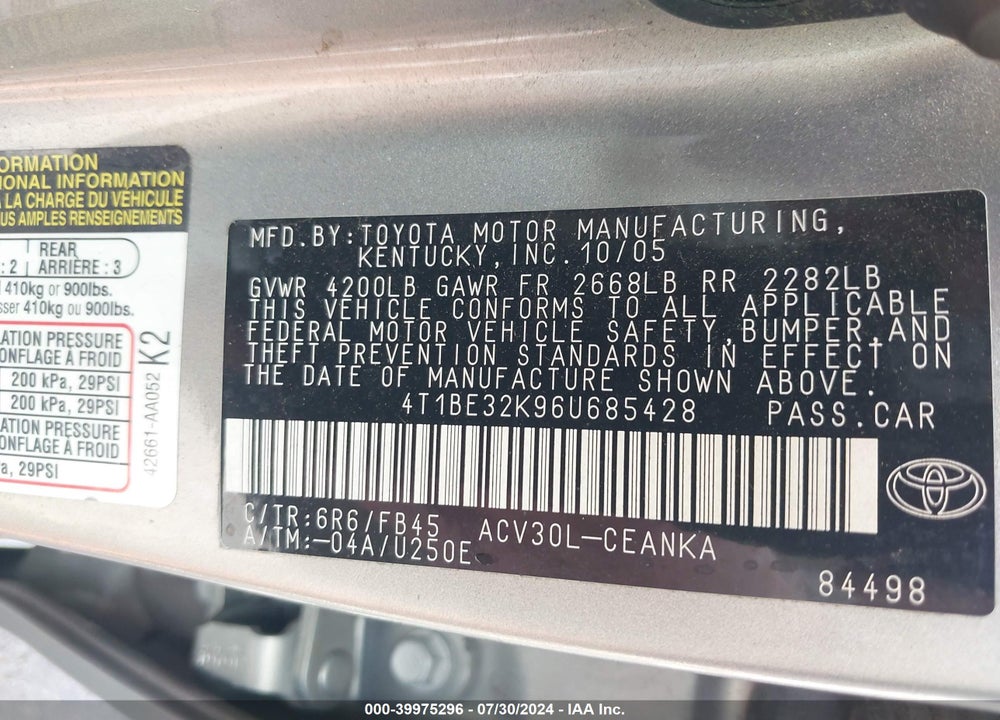 2006 TOYOTA CAMRY LE VIN: 4T1BE32K96U685428