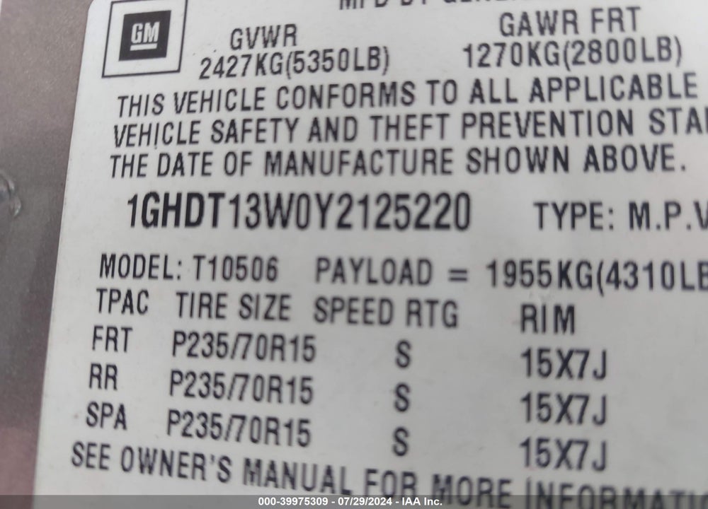 2000 OLDSMOBILE BRAVADA VIN: 1GHDT13W0Y2125220