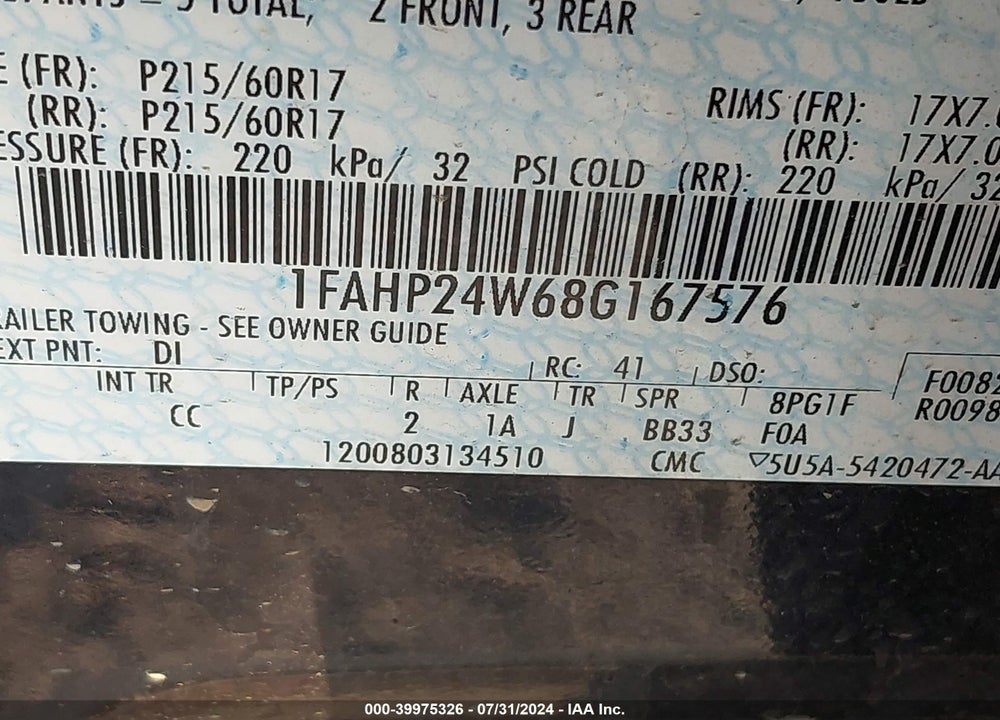 2008 FORD TAURUS SEL VIN: 1FAHP24W68G167576