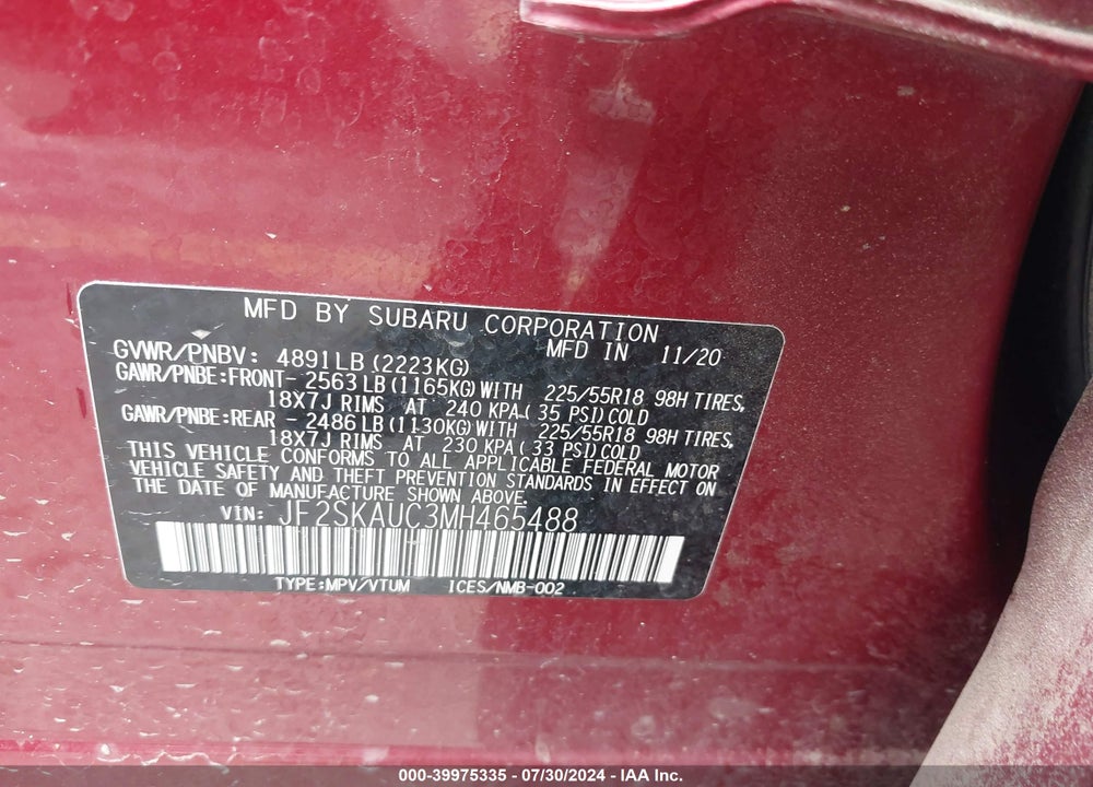 2021 SUBARU FORESTER LIMITED VIN: JF2SKAUC3MH465488