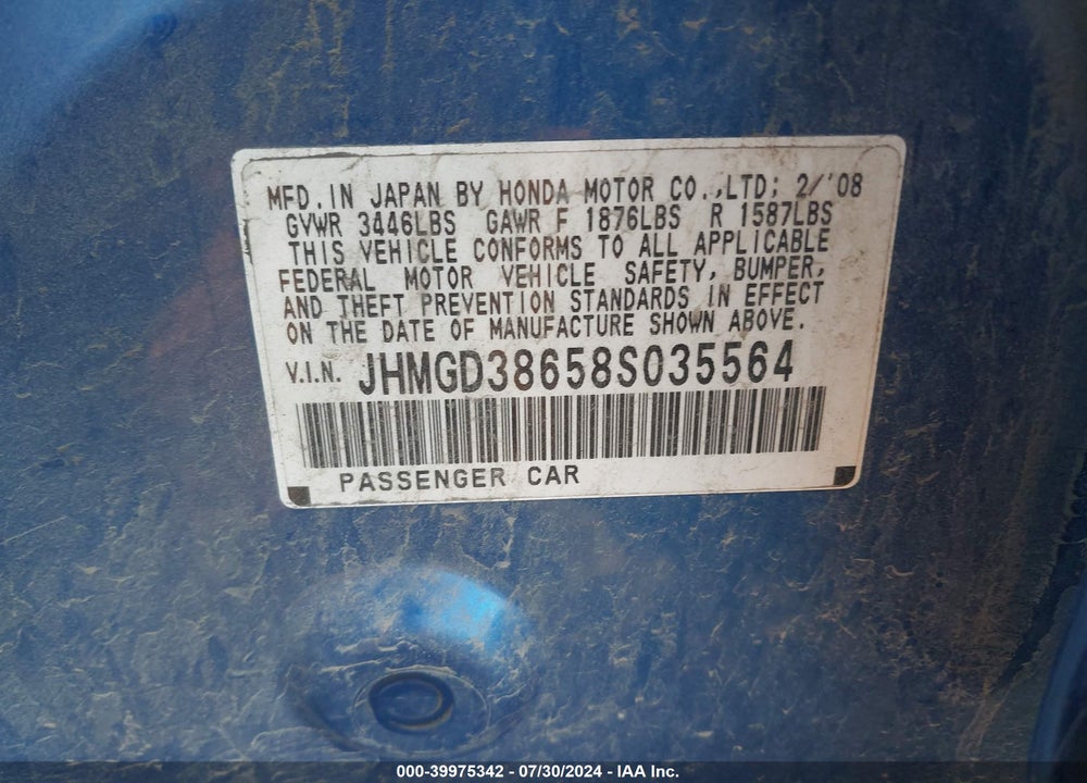 2008 HONDA FIT SPORT VIN: JHMGD38658S035564