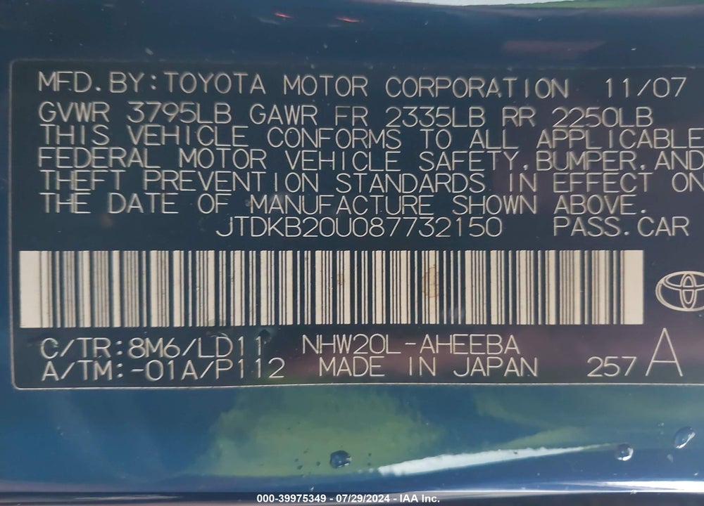 2008 TOYOTA PRIUS VIN: JTDKB20U087732150