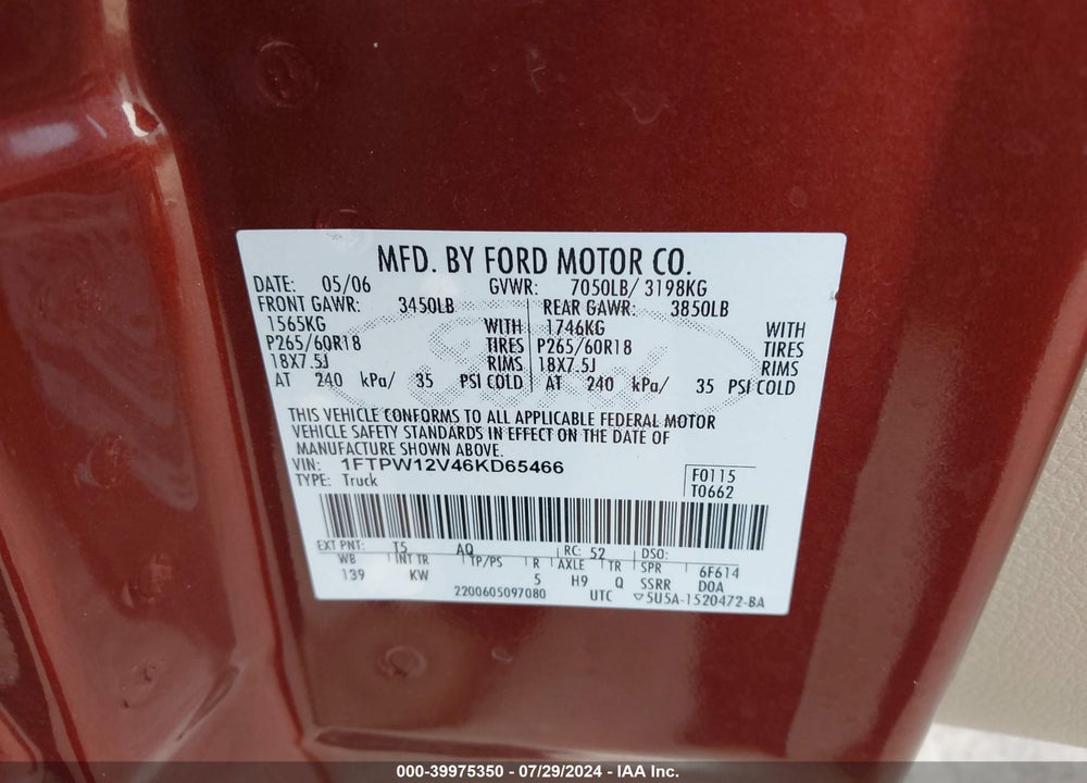 2006 FORD F-150 LARIAT/XLT VIN: 1FTPW12V46KD65466