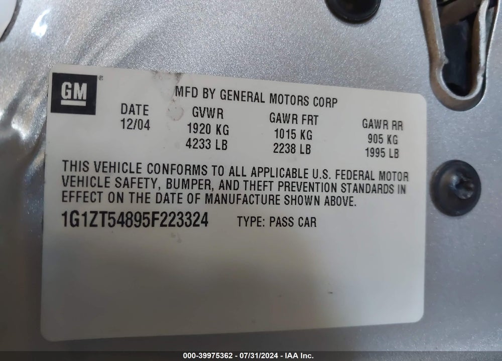2005 CHEVROLET MALIBU LS VIN: 1G1ZT54895F223324