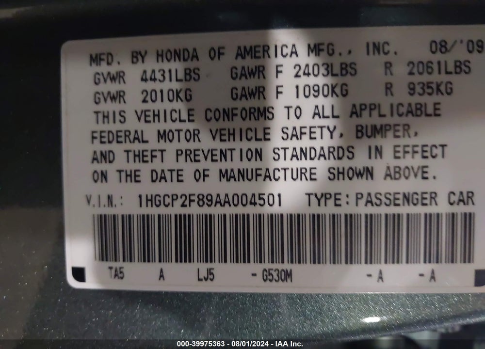 2010 HONDA ACCORD 2.4 EX-L VIN: 1HGCP2F89AA004501