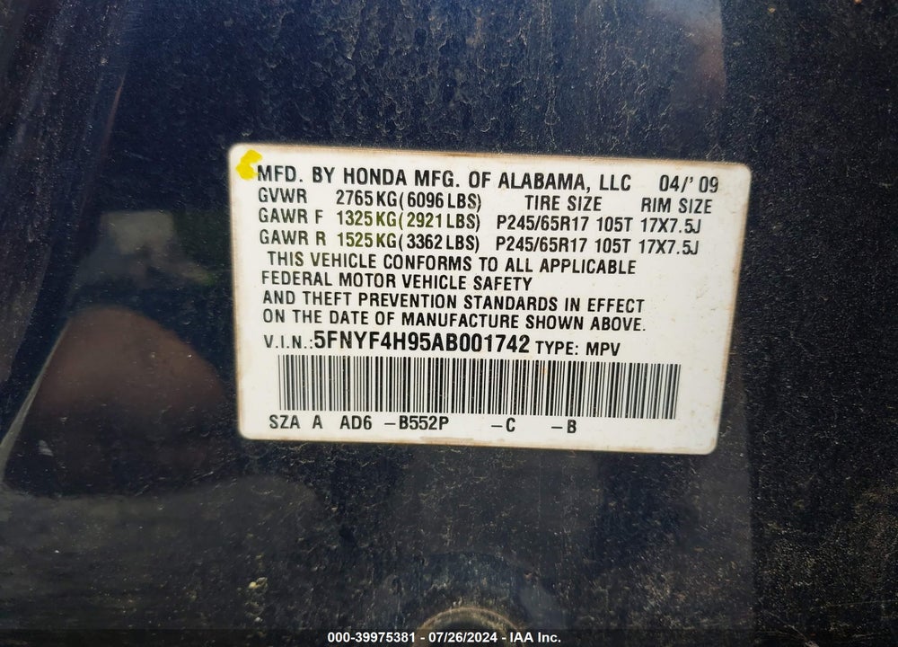2010 HONDA PILOT TOURING VIN: 5FNYF4H95AB001742
