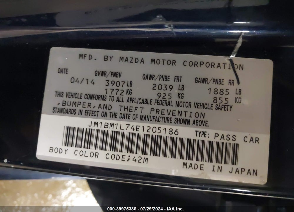2014 MAZDA 3 I TOURING VIN: JM1BM1L74E1205186