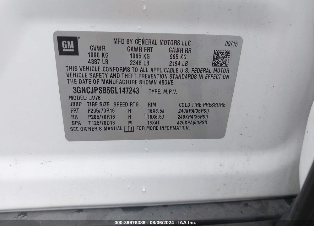 2016 CHEVROLET TRAX LT VIN: 3GNCJPSB5GL147243