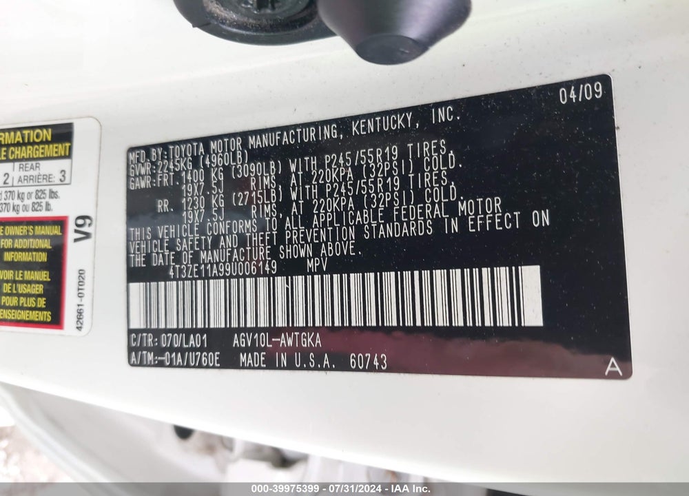 2009 TOYOTA VENZA VIN: 4T3ZE11A99U006149