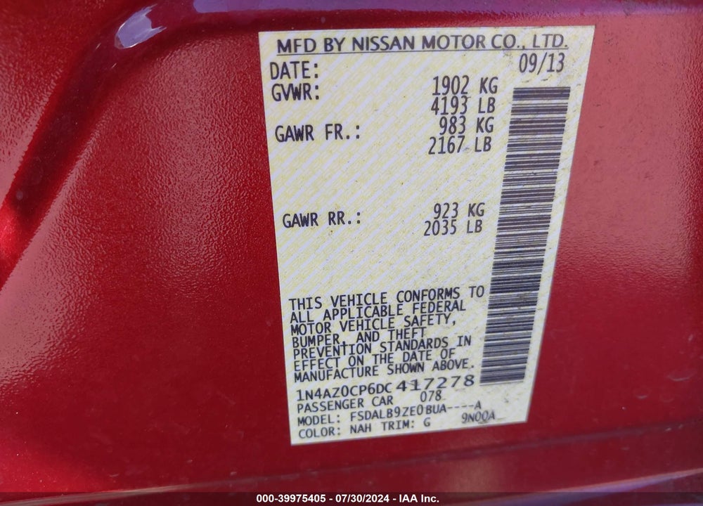 2013 NISSAN LEAF S VIN: 1N4AZ0CP6DC417278