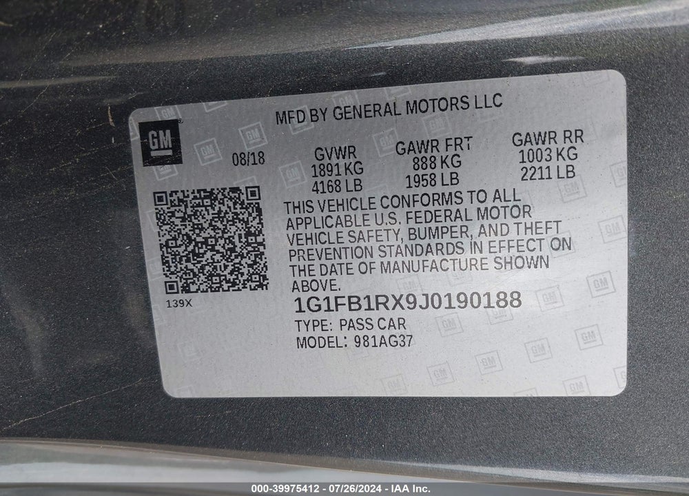 2018 CHEVROLET CAMARO 1LT VIN: 1G1FB1RX9J0190188