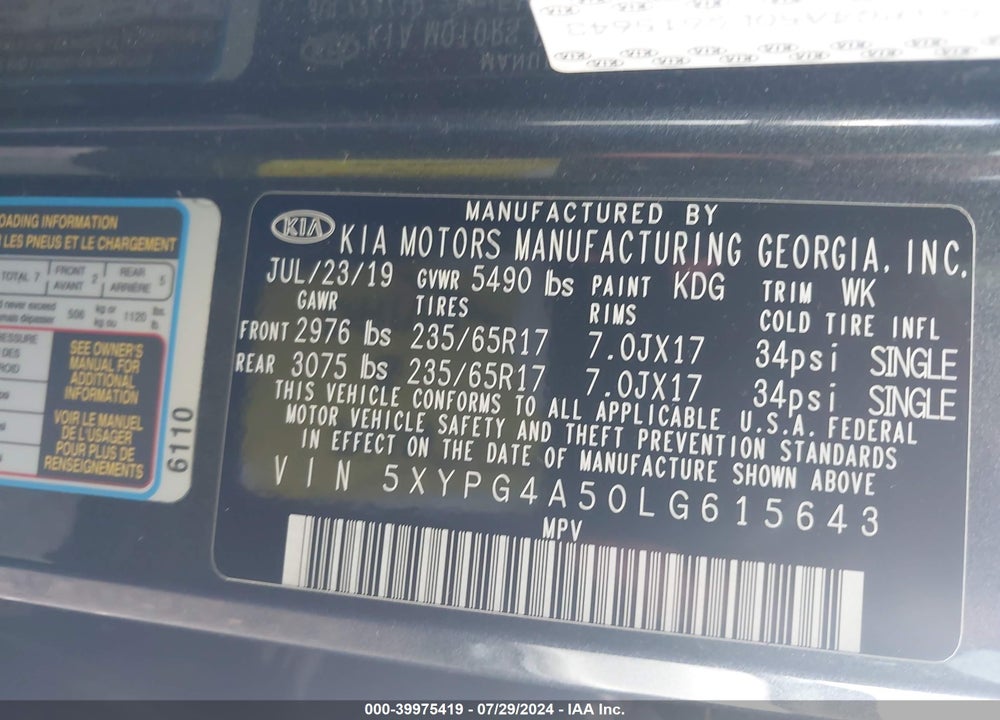 2020 KIA SORENTO 3.3L LX VIN: 5XYPG4A50LG615643