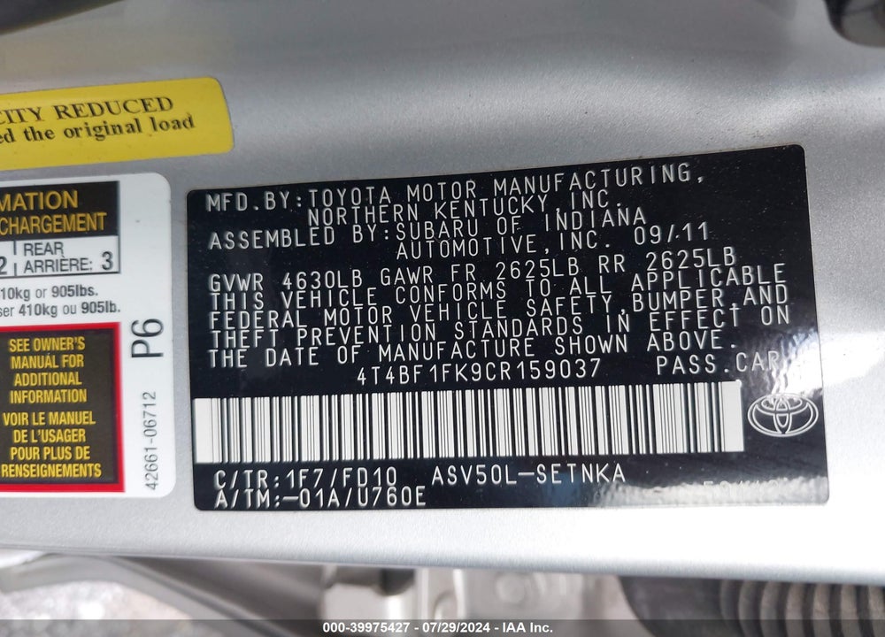 2012 TOYOTA CAMRY LE VIN: 4T4BF1FK9CR159037