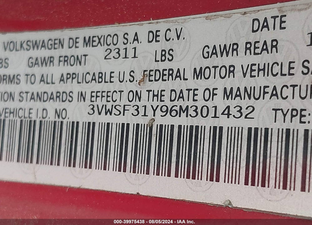 2006 VOLKSWAGEN NEW BEETLE 2.5 VIN: 3VWSF31Y96M301432