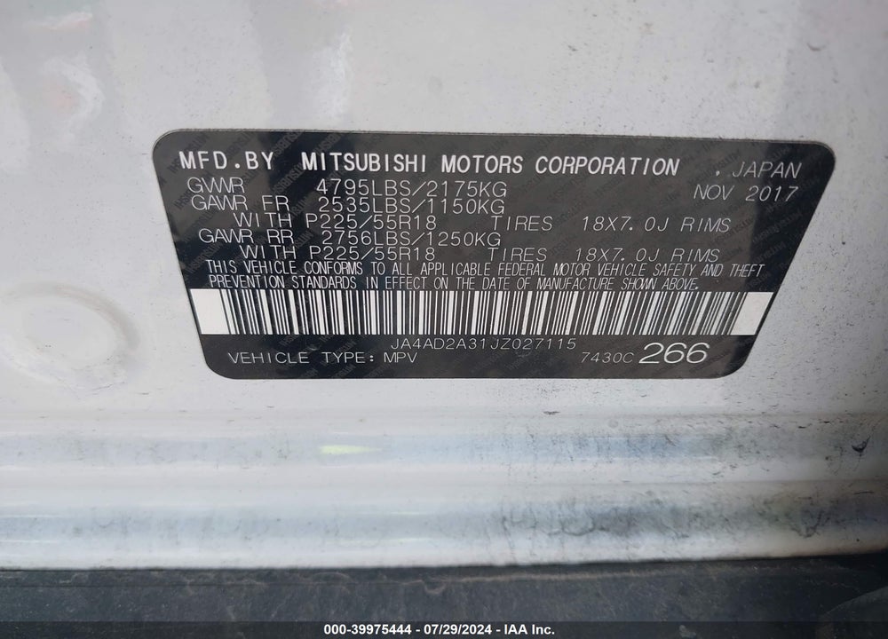 2018 MITSUBISHI OUTLANDER ES VIN: JA4AD2A31JZ027115