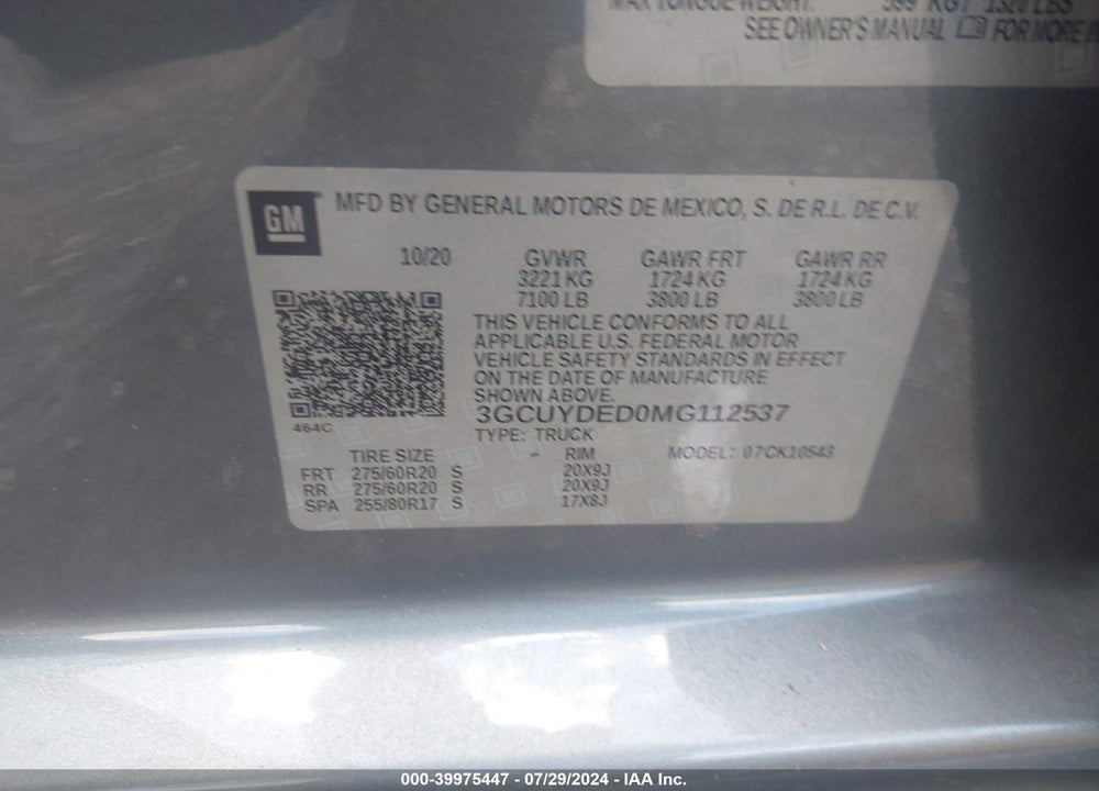 2021 CHEVROLET SILVERADO 1500 4WD SHORT BED LT VIN: 3GCUYDED0MG112537