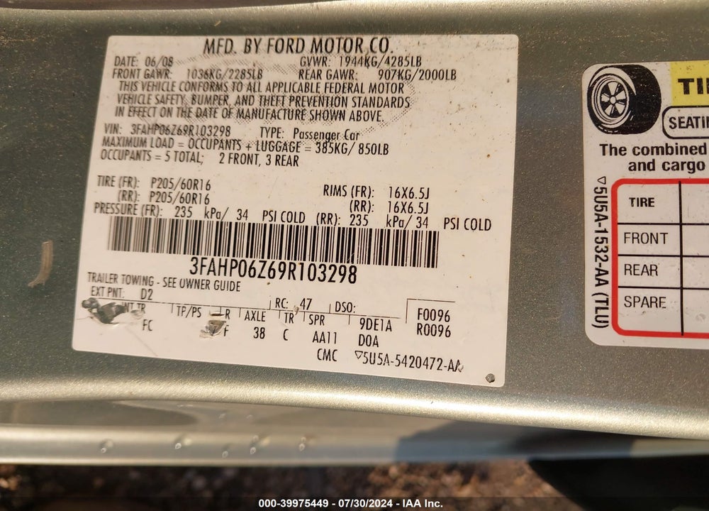 2009 FORD FUSION S VIN: 3FAHP06Z69R103298
