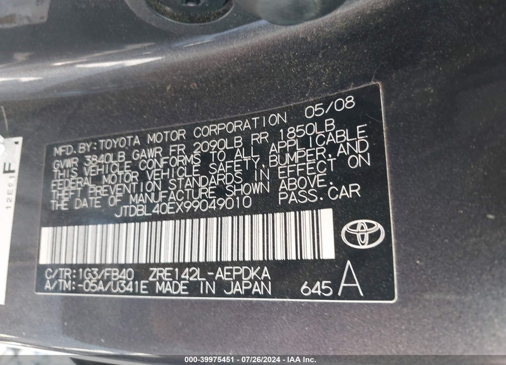 2009 TOYOTA COROLLA LE VIN: JTDBL40EX99049010