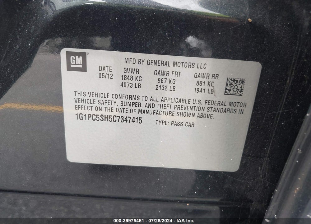 2012 CHEVROLET CRUZE LS VIN: 1G1PC5SH5C7347415