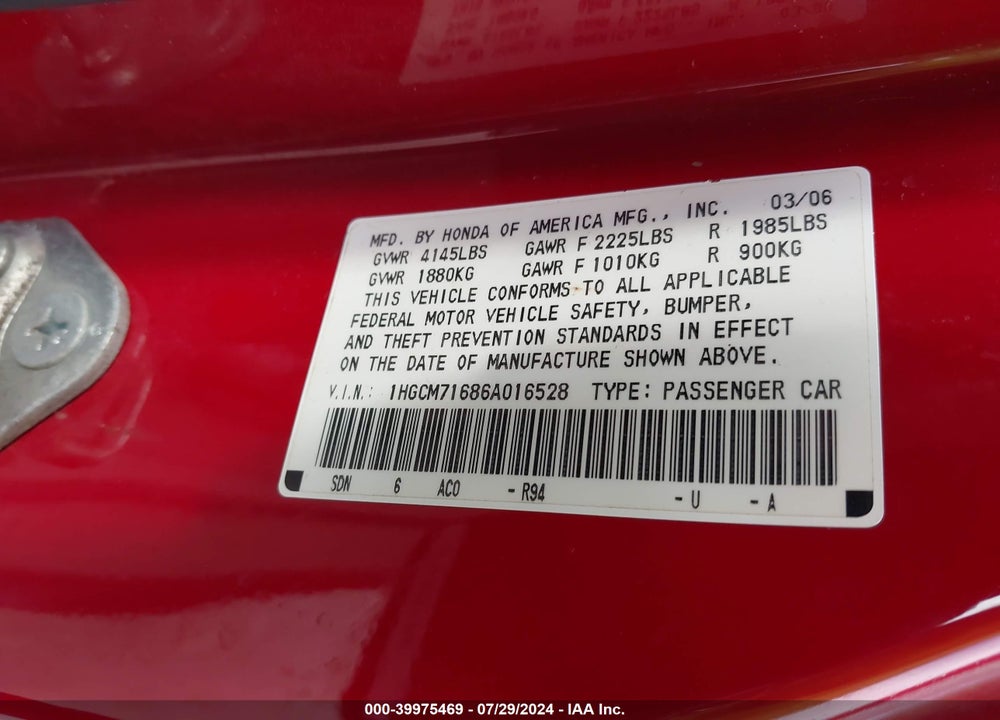 2006 HONDA ACCORD 2.4 EX VIN: 1HGCM71686A016528