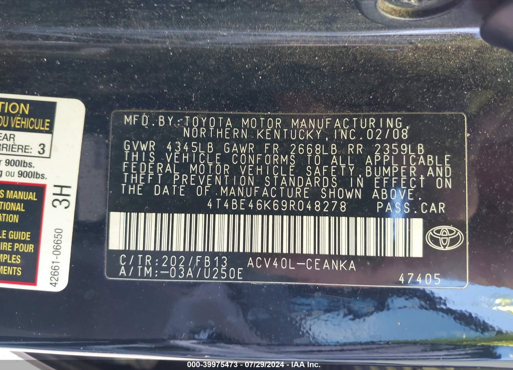 2009 TOYOTA CAMRY LE VIN: 4T4BE46K69R048278