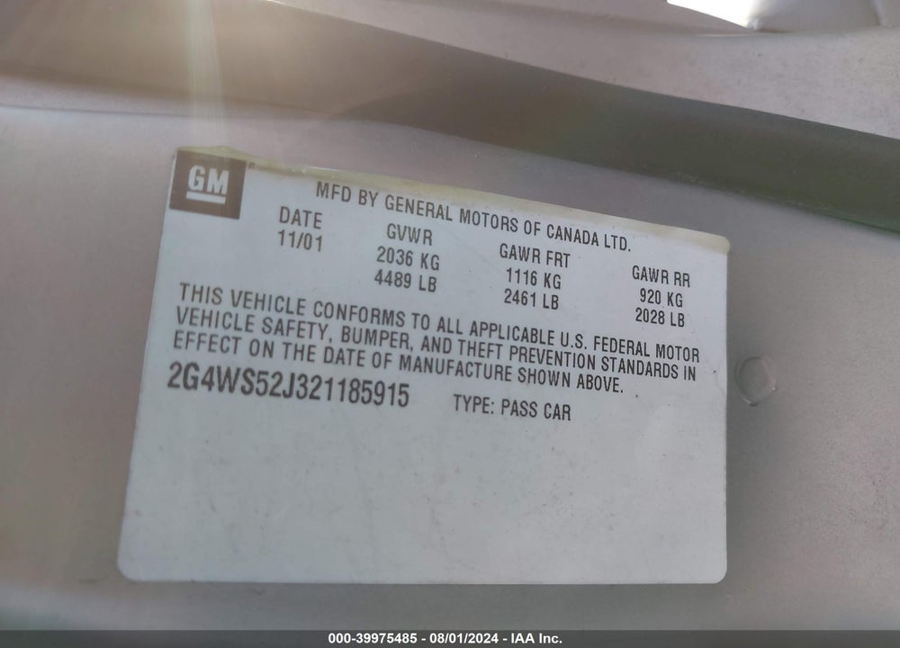 2002 BUICK CENTURY CUSTOM VIN: 2G4WS52J321185915
