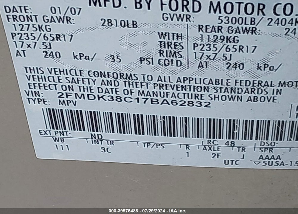 2007 FORD EDGE SEL VIN: 2FMDK38C17BA62832