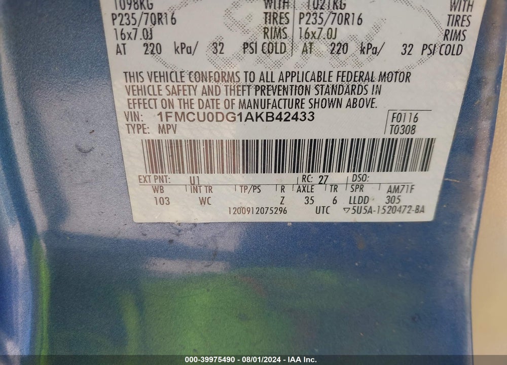 2010 FORD ESCAPE XLT VIN: 1FMCU0DG1AKB42433
