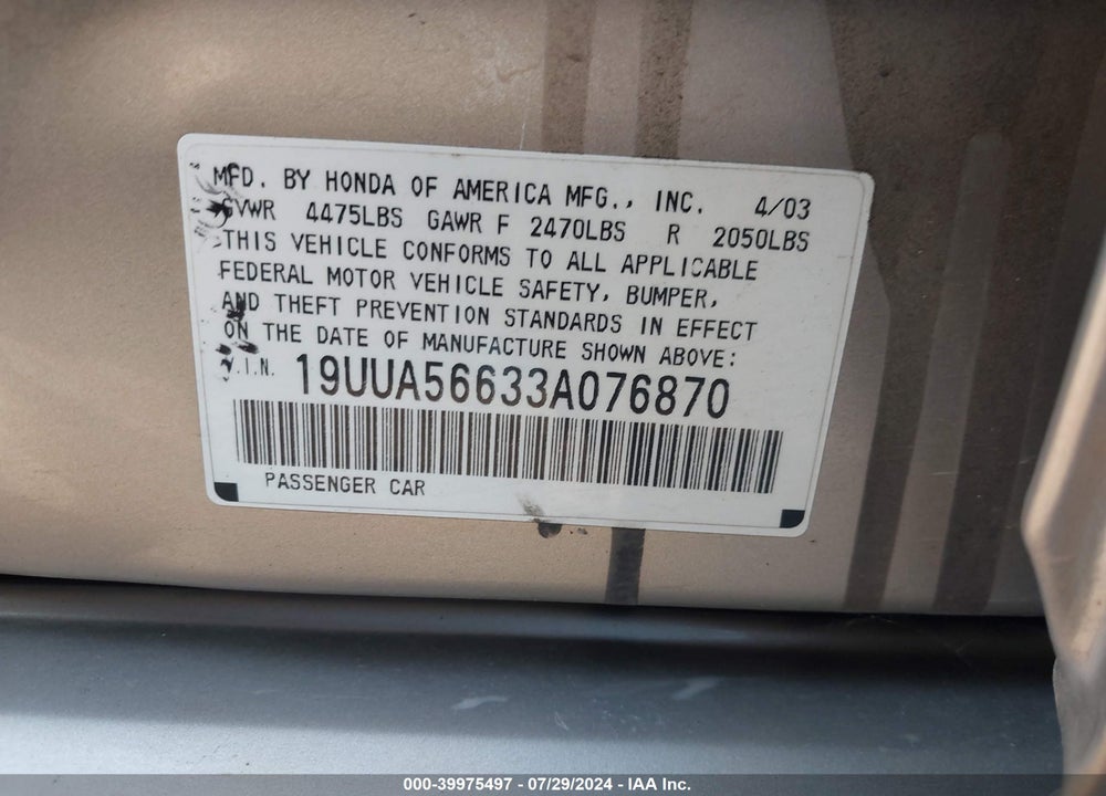 2003 ACURA TL 3.2 VIN: 19UUA56633A076870