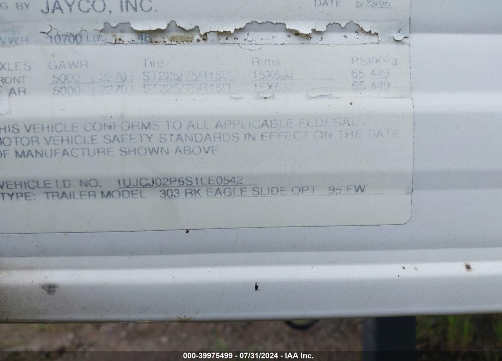 1995 JAYCO EAGLE 303RK VIN: 1UJCJ02P6S1LE0542