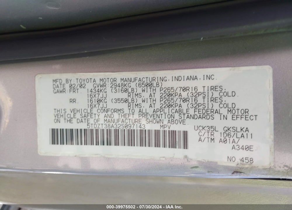 2002 TOYOTA SEQUOIA LIMITED V8 VIN: 5TDZT38A32S097143