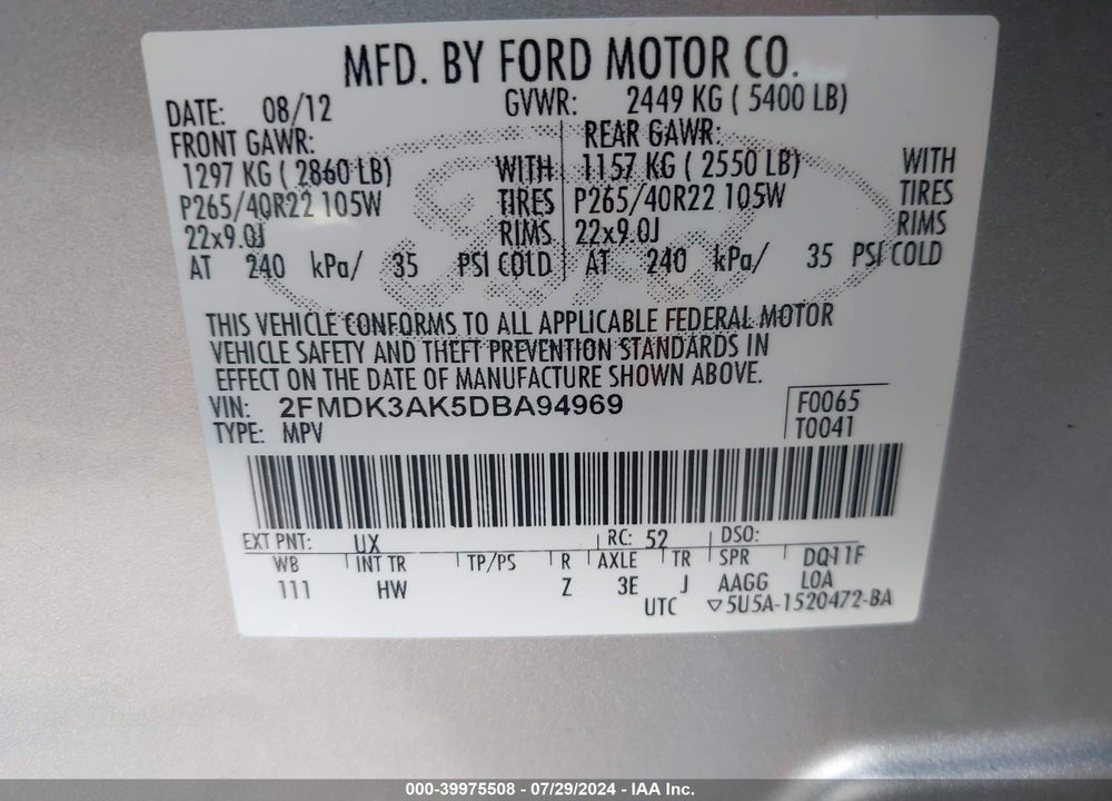 2013 FORD EDGE VIN: 2FMDK3AK5DBA94969