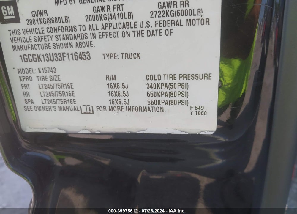 2003 CHEVROLET SILVERADO 1500HD LS VIN: 1GCGK13U33F116453