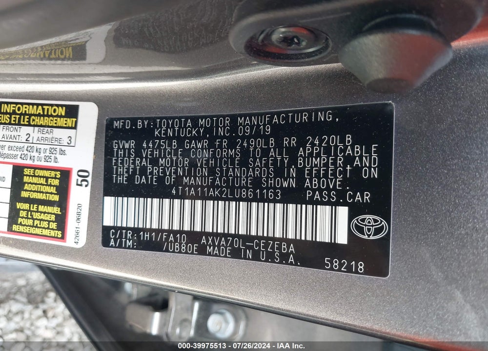 2020 TOYOTA CAMRY VIN: 4T1A11AK2LU861163