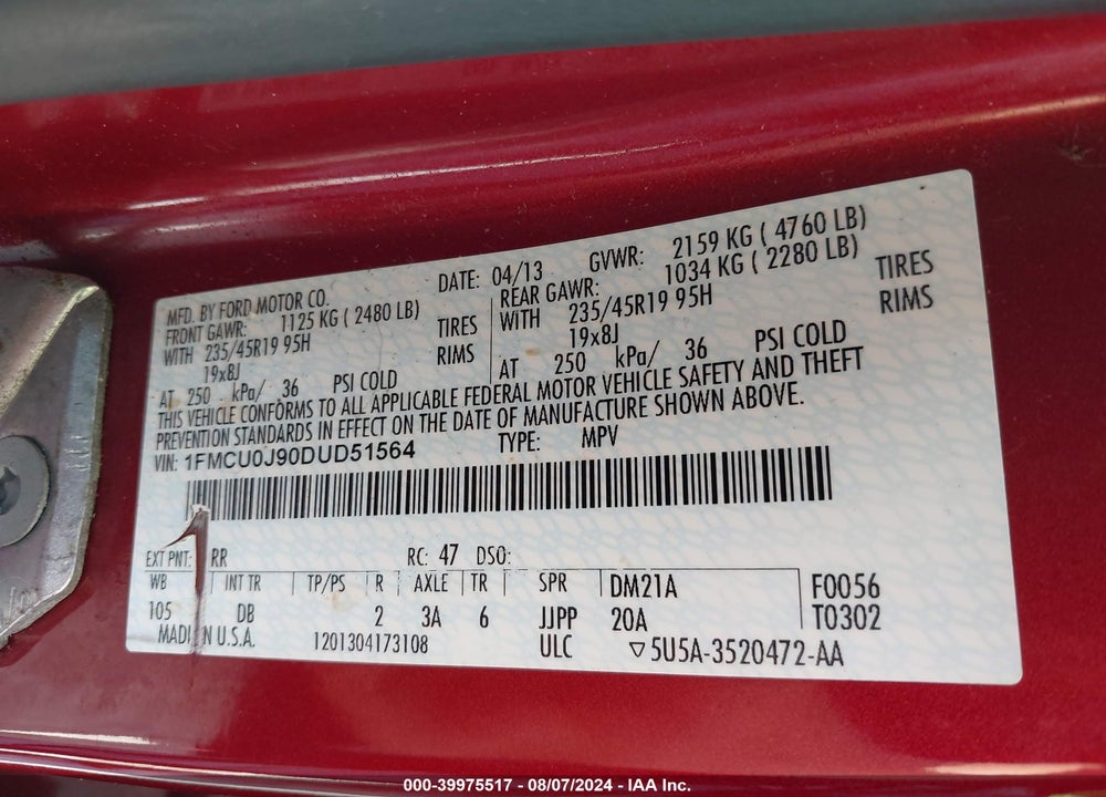 2013 FORD ESCAPE TITANIUM VIN: 1FMCU0J90DUD51564