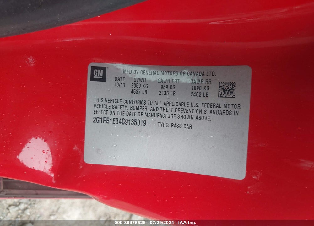 2012 CHEVROLET CAMARO 1LS VIN: 2G1FE1E34C9135019
