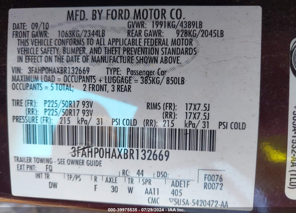 2011 FORD FUSION SE VIN: 3FAHP0HAXBR132669