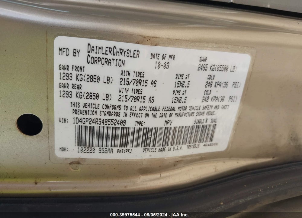 2004 DODGE GRAND CARAVAN SE VIN: 1D4GP24R34B552409