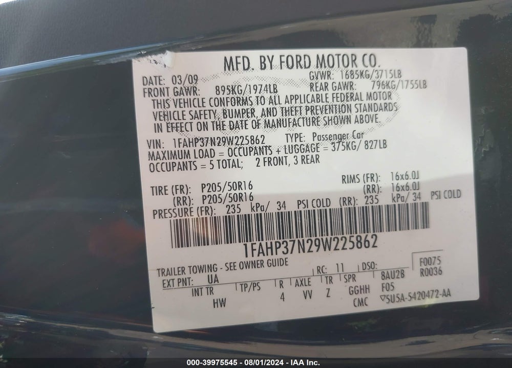 2009 FORD FOCUS VIN: 1FAHP37N29W225862