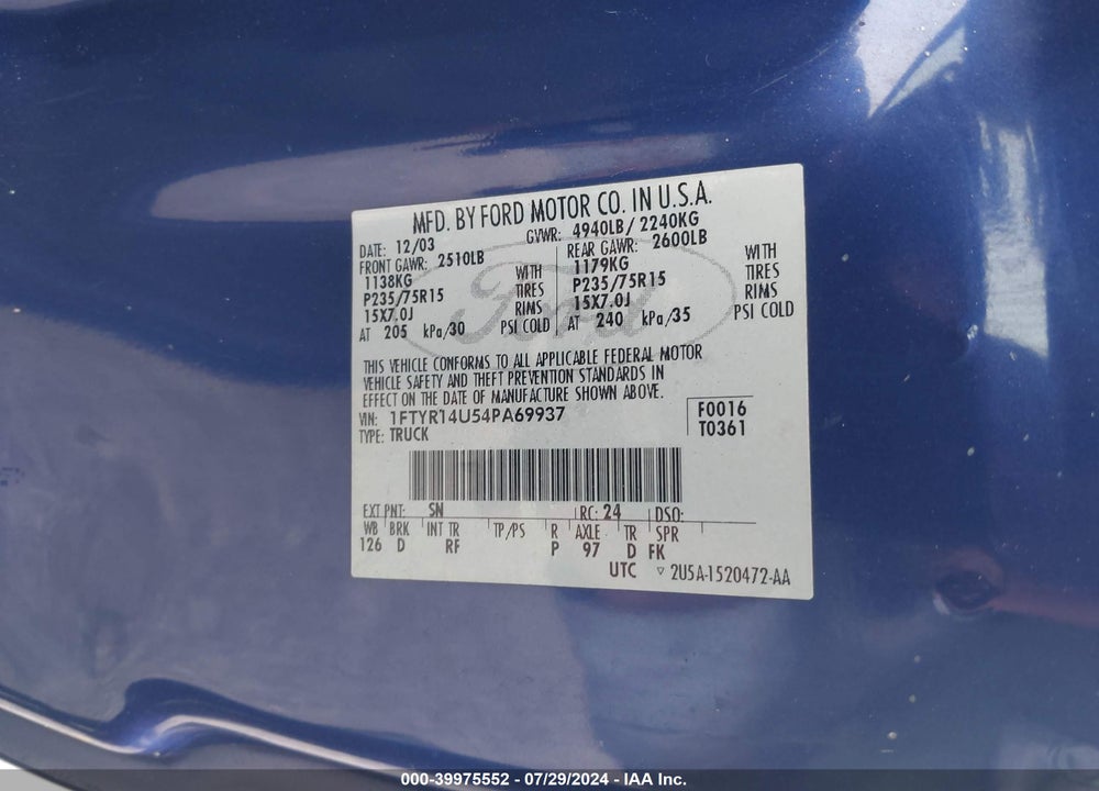 2004 FORD RANGER EDGE/TREMOR/XL/XLT VIN: 1FTYR14U54PA69937