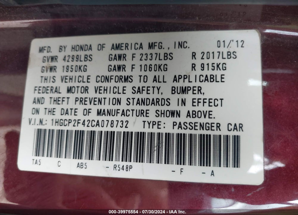 2012 HONDA ACCORD 2.4 LX-P VIN: 1HGCP2F42CA078732