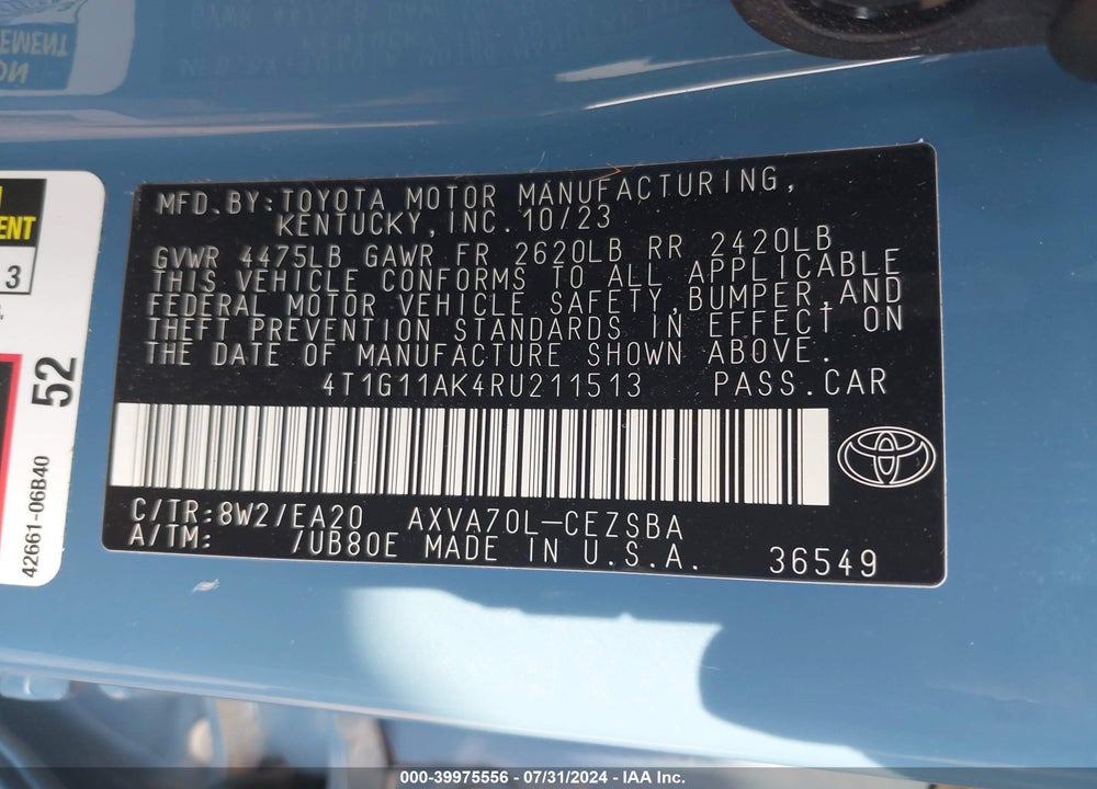 2024 TOYOTA CAMRY SE VIN: 4T1G11AK4RU211513