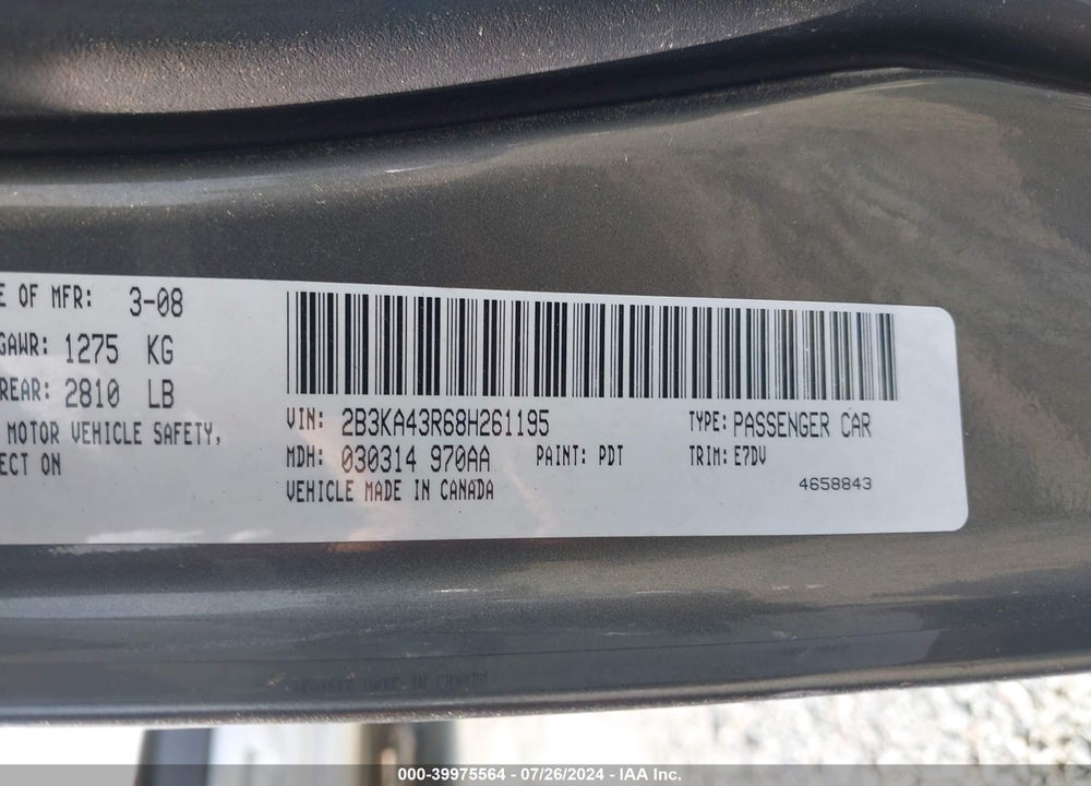 2008 DODGE CHARGER VIN: 2B3KA43R68H261195